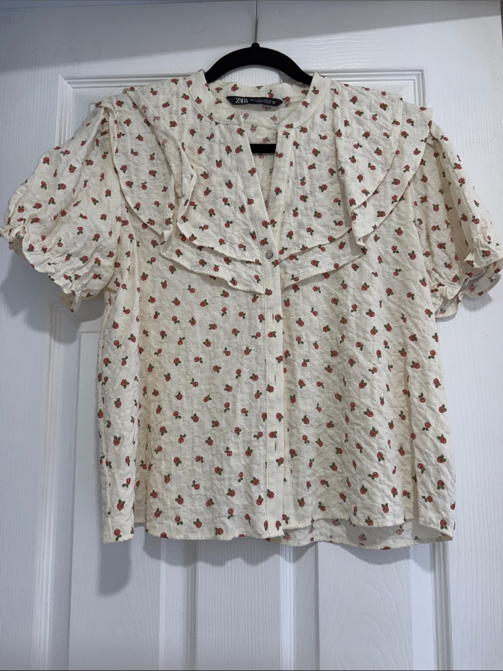 Zara Cream Blouse with Red Floral Print and Ruffle Collar